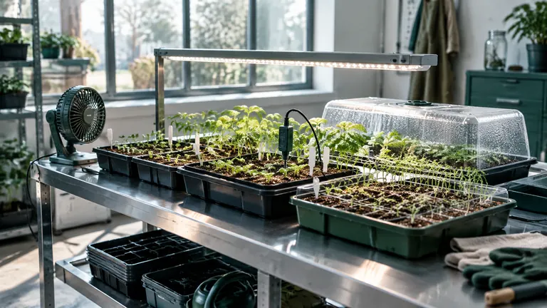 Foto: Anzuchtregal mit Jungpflanzen unter LED-Leiste und Sensor