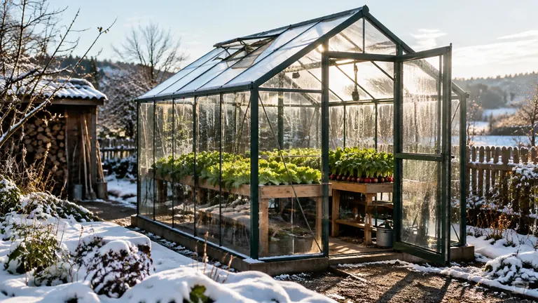Foto: kleines Glasgewächshaus im Frühjahr mit Salat, außen noch Schnee