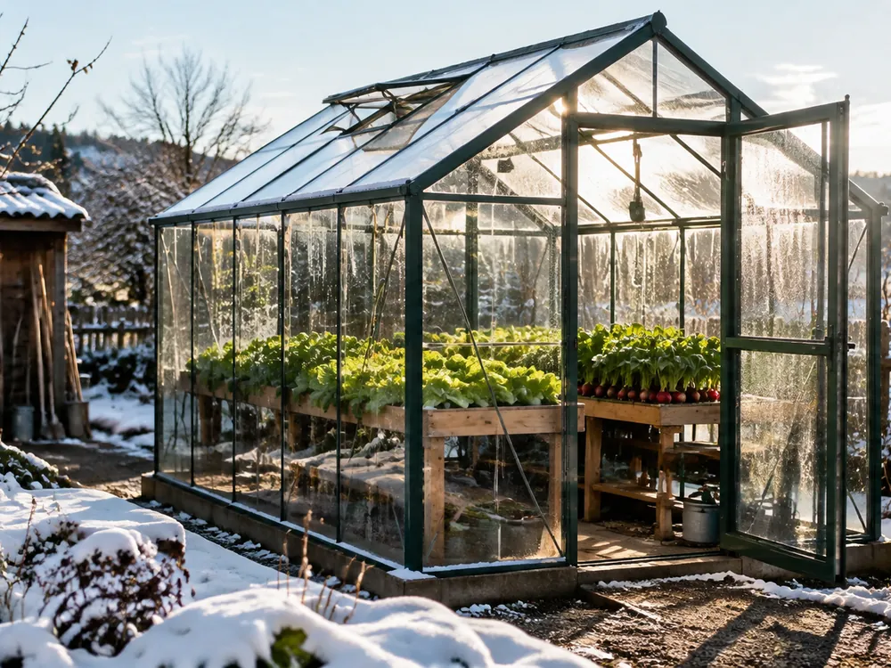 Foto: Glasgewächshaus im Frühjahr, außen noch Schnee